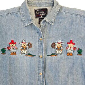 Vintage Quizz Again Denim Cowboy Squirrel bear Embroidered Short Sleeve Shirt S